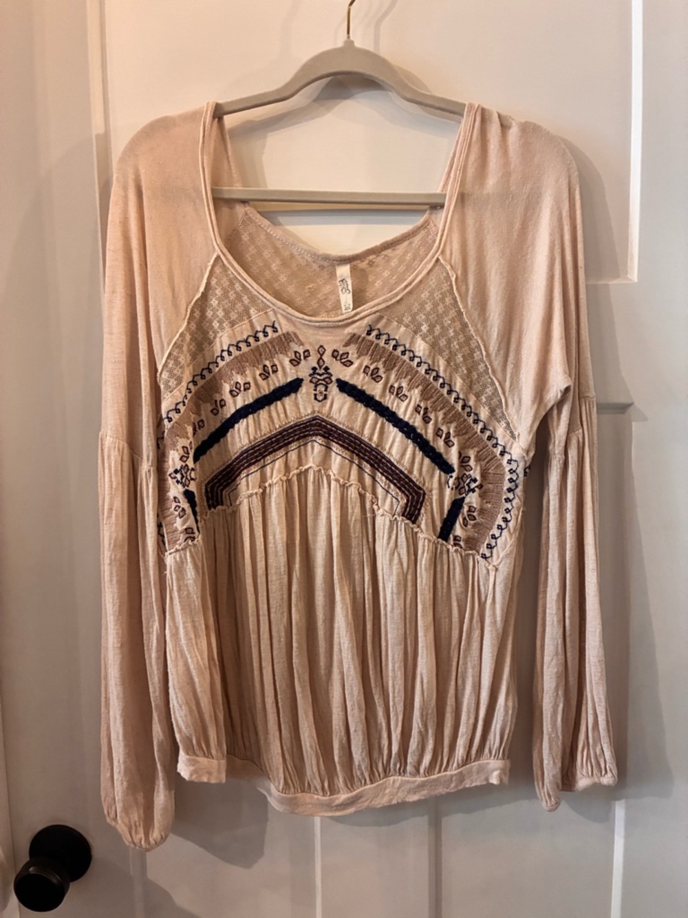 Free People Boho Embroidered Long-Sleeve Peasant Top